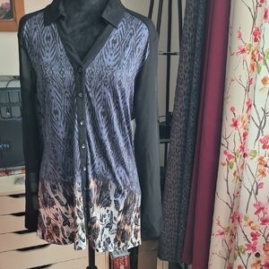 Tango Mango Black and Blue Button Down Blouse (C63)